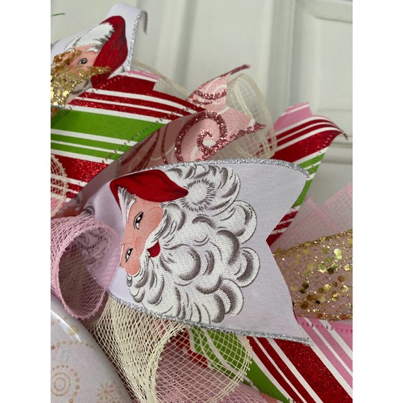 XL 28” Pink Red Green Santa Claus Deco Mesh Ribbon Christmas Wreath - Picture 5 of 8